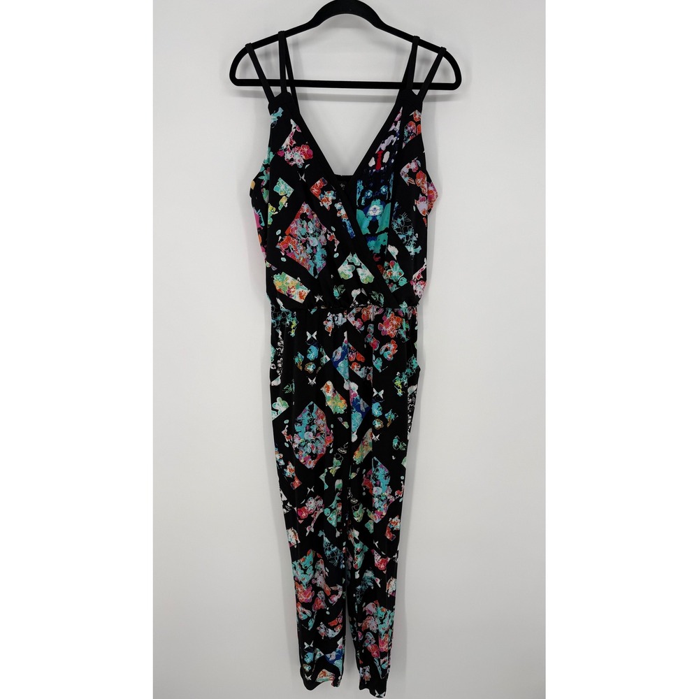 NICOLE BY NICOLE‎ MILLER BLACK GEOMETRIC FLORAL STRAIGHT JOGGER JUMPSUIT MEDIUM